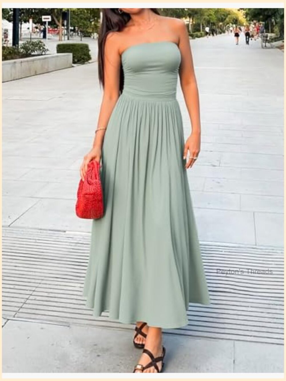Strapless Ruched A-Line Midi Dress Sleeveless Flowy Wedding Guest - Picture 6 of 7